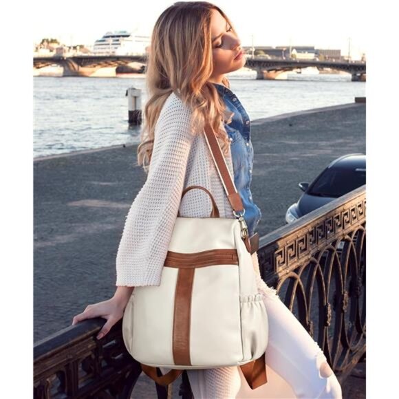 PU Leather Anti-theft Backpack, White Brown - Picture 2 of 6